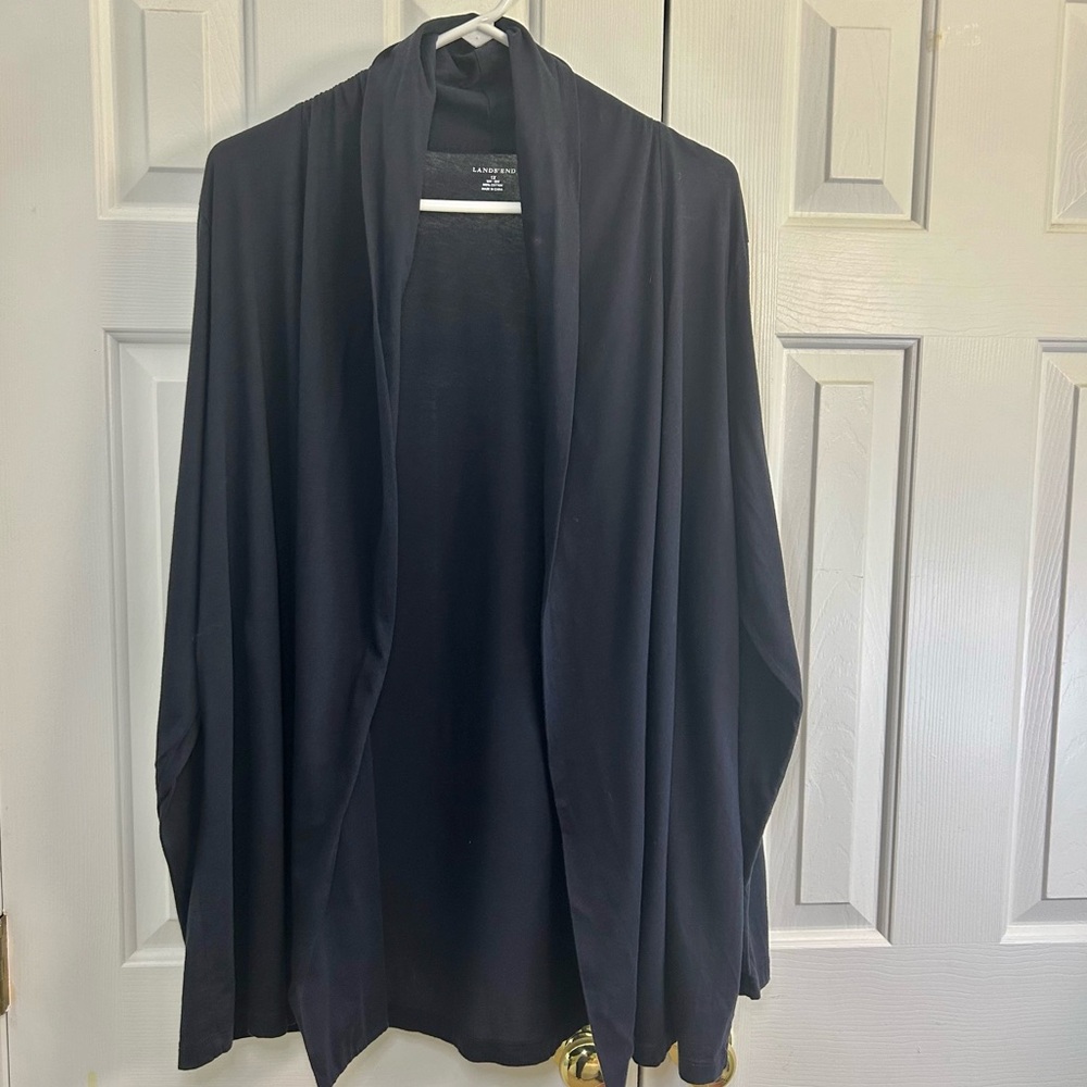 Lands End Navy Blue 100% Cotton Long Line Open Front Long Sleeve Cardigan Sz 1X